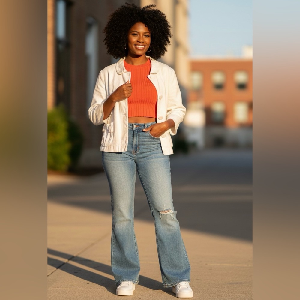 LARRY LEVINE STRETCH White Cropped Denim Button-Up Flared Blazer w/ Bow Pockets